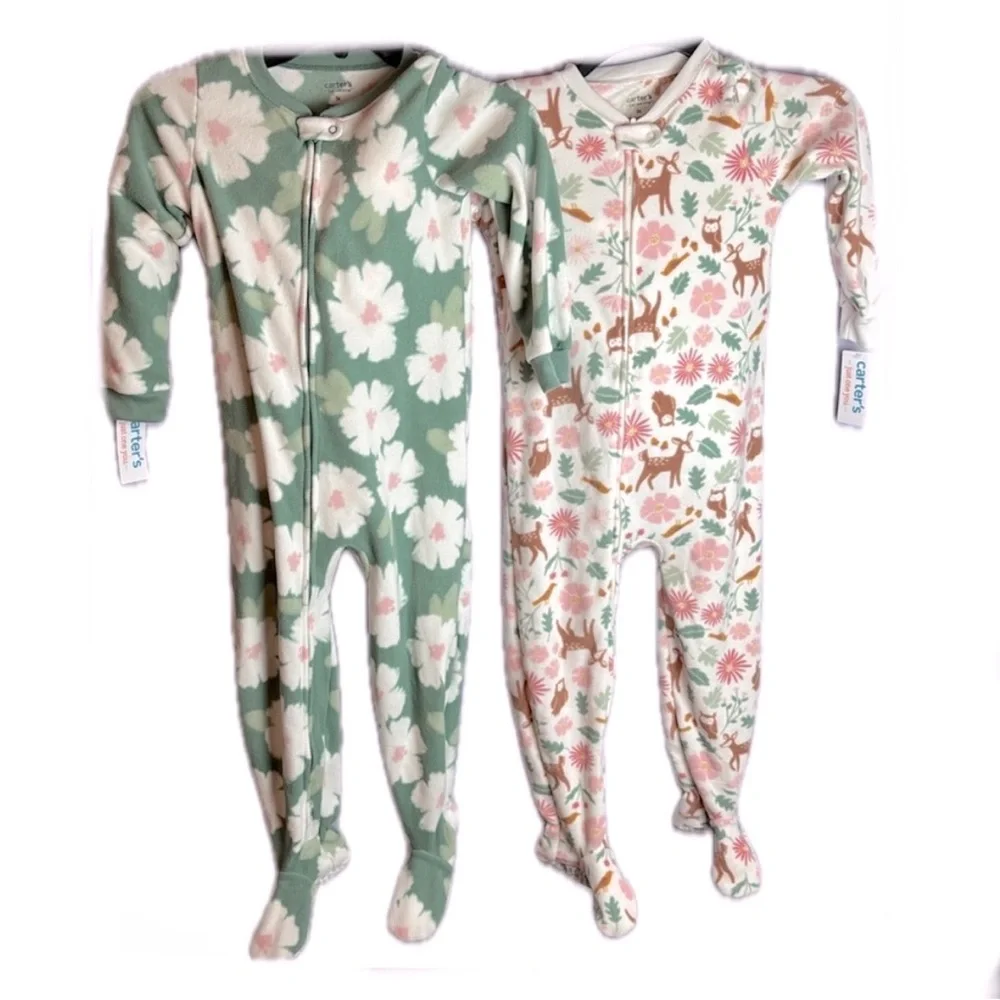 NWT 2 Pc Set Carter's Fleece Green Pink Deer White Forest Footie Nonslip Sole